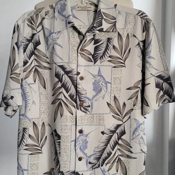 Caribbean Men’s Silk Blend Button Up Sailfish Hawaiian Shirt (Size: M) - Picture 5 of 16